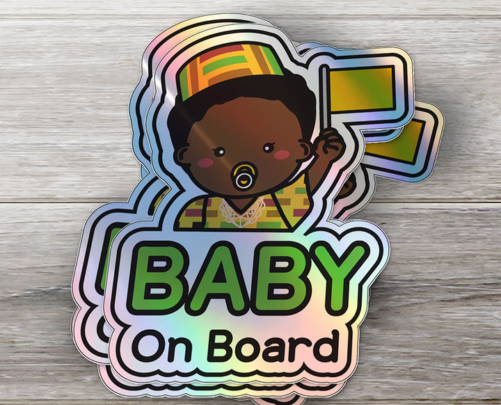 Baby on Board Car Sticker - Baby Afro American Character Design  - Holographic & Weather-Resistant