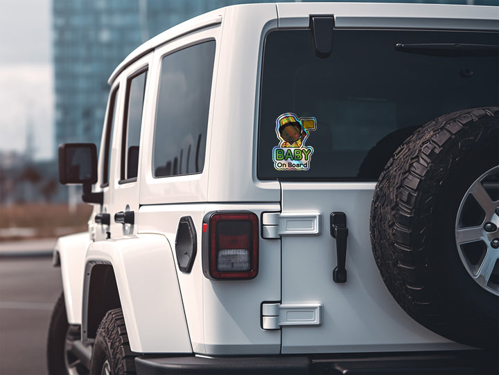 Baby on Board Car Sticker - Baby Afro American Character Design  - Holographic & Weather-Resistant