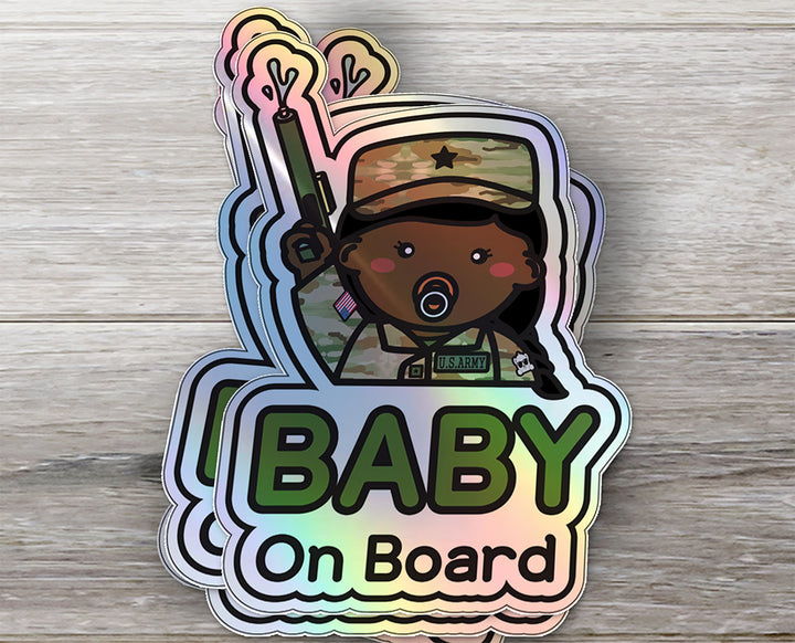 Baby on Board Car Sticker - Baby Girl US Army Character Design  - Holographic & Weather-Resistant