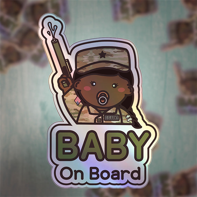 Baby on Board Car Sticker - Baby Girl US Army Character Design  - Holographic & Weather-Resistant