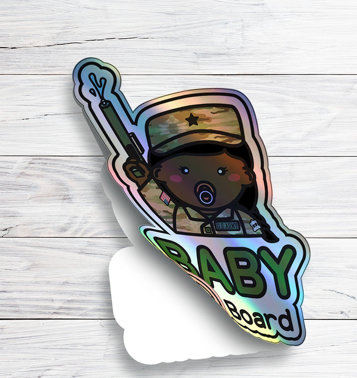 Baby on Board Car Sticker - Baby Girl US Army Character Design  - Holographic & Weather-Resistant