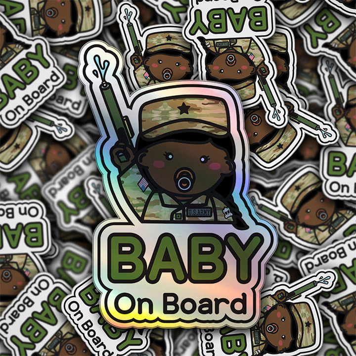 Baby on Board Car Sticker - Baby Girl US Army Character Design  - Holographic & Weather-Resistant