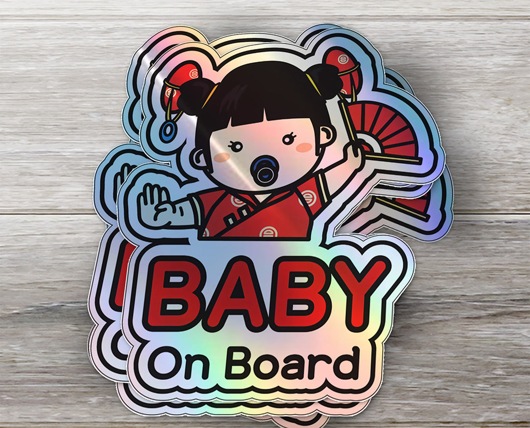 Baby on Board Car Sticker - Baby Asian American Girl Character Design  - Holographic & Weather-Resistant