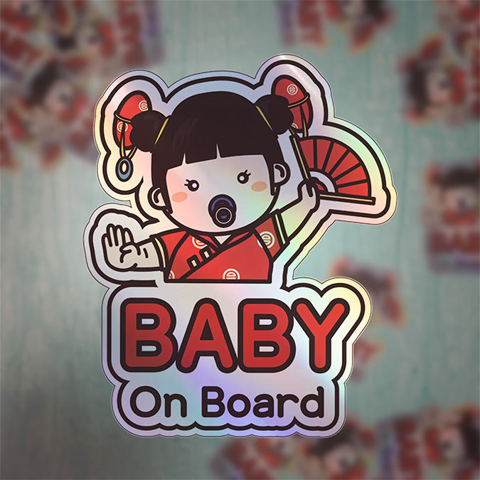 Baby on Board Car Sticker - Baby Asian American Girl Character Design  - Holographic & Weather-Resistant