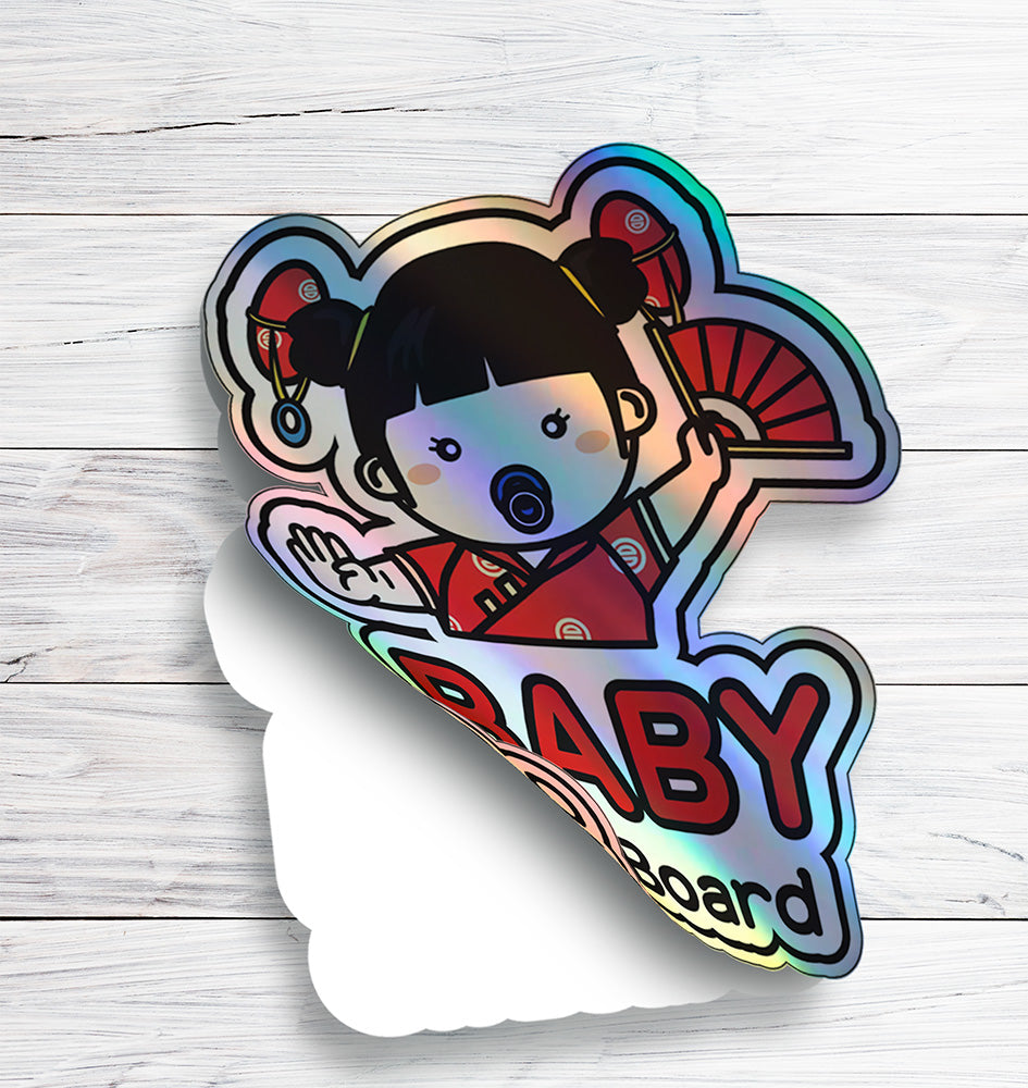 Baby on Board Car Sticker - Baby Asian American Girl Character Design  - Holographic & Weather-Resistant