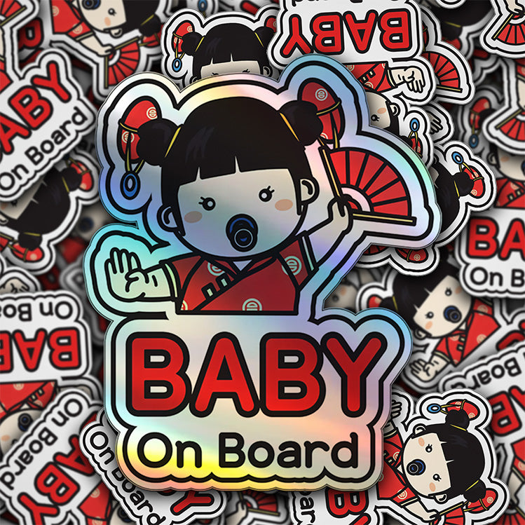 Baby on Board Car Sticker - Baby Asian American Girl Character Design  - Holographic & Weather-Resistant