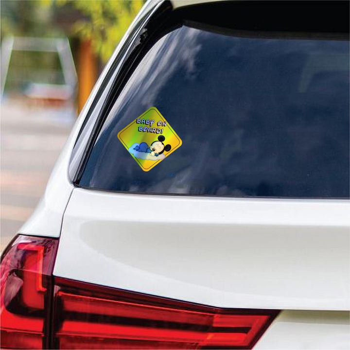 Baby Mickey Sleeping on Cloud - Baby on Board Car Window Sticker - Waterproof & Holographic - Eye-catching Yellow Diamond Shape Baby on Board - Rozovy