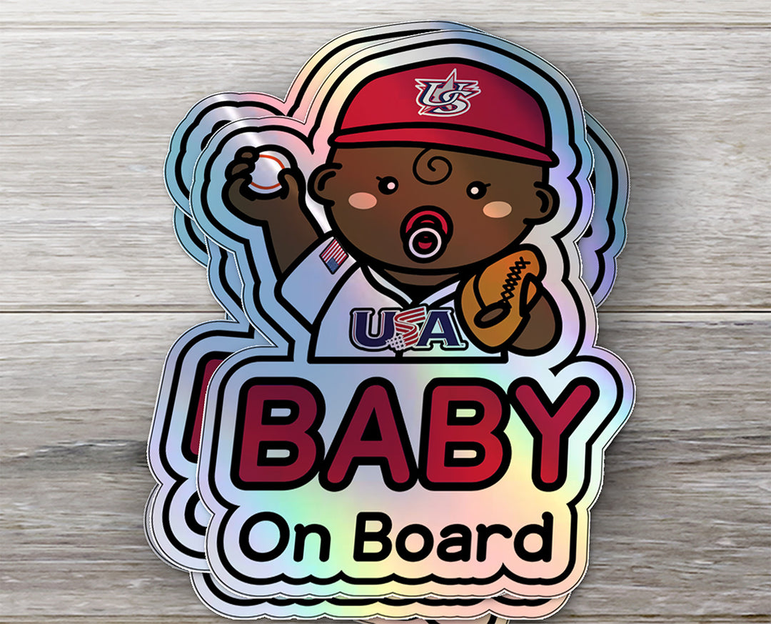 Baby on Board Car Sticker - Baby Boy Baseball Player Character Design  - Holographic & Weather-Resistant