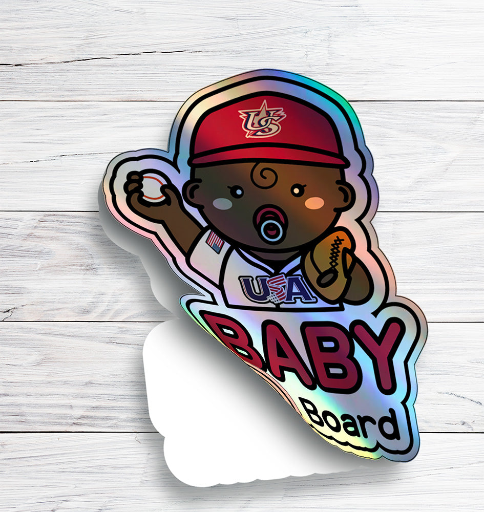 Baby on Board Car Sticker - Baby Boy Baseball Player Character Design  - Holographic & Weather-Resistant