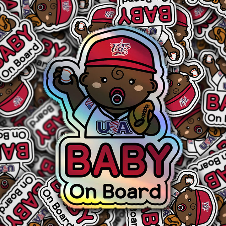 Baby on Board Car Sticker - Baby Boy Baseball Player Character Design  - Holographic & Weather-Resistant