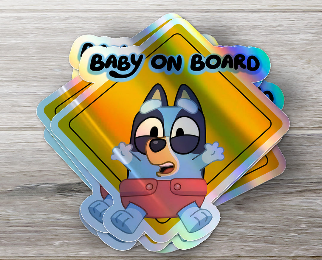 Waterproof Holographic Vinyl Bluey Baby on Board Sticker / Baby Car Decal