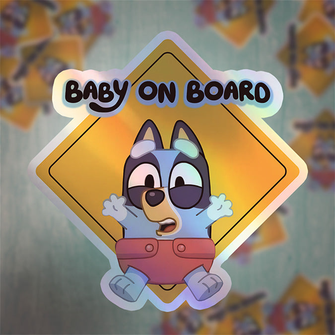 Waterproof Holographic Vinyl Bluey Baby on Board Sticker / Baby Car Decal