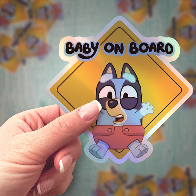 Waterproof Holographic Vinyl Bluey Baby on Board Sticker / Baby Car Decal