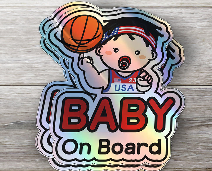 Baby on Board Car Sticker - Baby Boy Basketball Player Character Design  - Holographic & Weather-Resistant