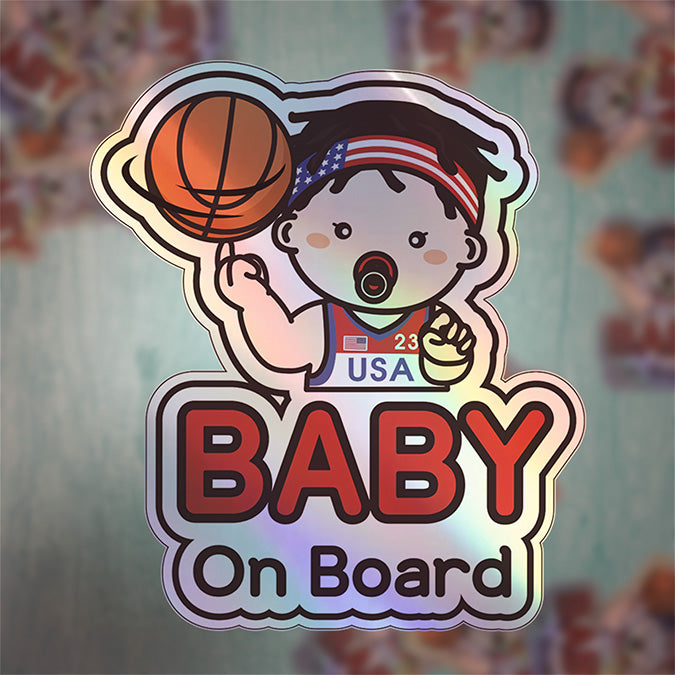 Baby on Board Car Sticker - Baby Boy Basketball Player Character Design  - Holographic & Weather-Resistant