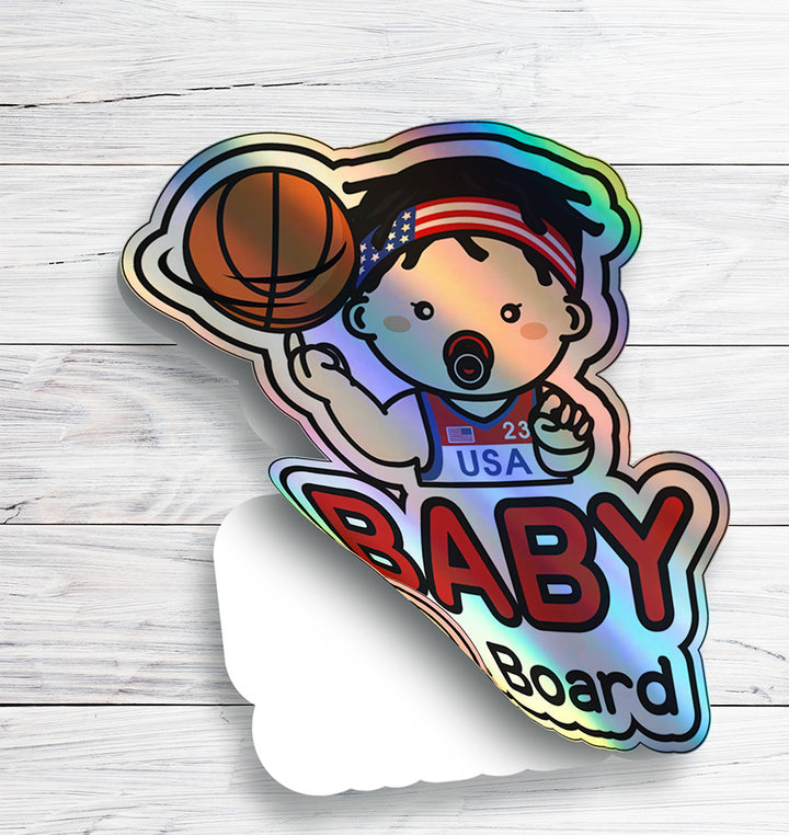 Baby on Board Car Sticker - Baby Boy Basketball Player Character Design  - Holographic & Weather-Resistant