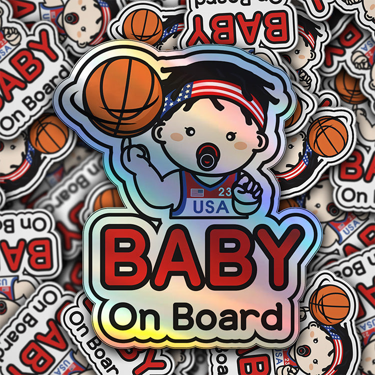 Baby on Board Car Sticker - Baby Boy Basketball Player Character Design  - Holographic & Weather-Resistant