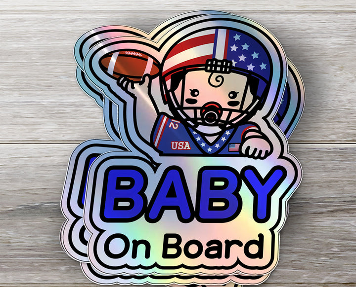 Baby on Board Car Sticker - Baby Boy Football Player Character Design  - Holographic & Weather-Resistant