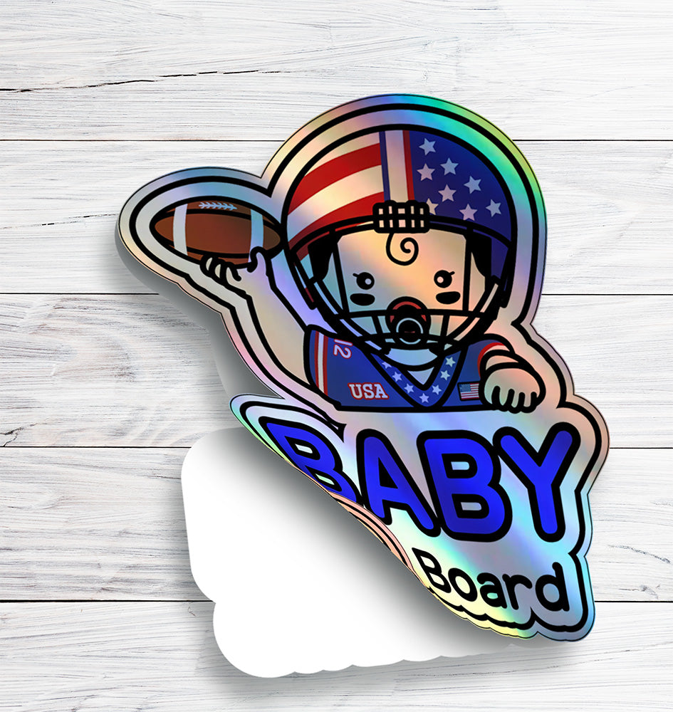 Baby on Board Car Sticker - Baby Boy Football Player Character Design  - Holographic & Weather-Resistant