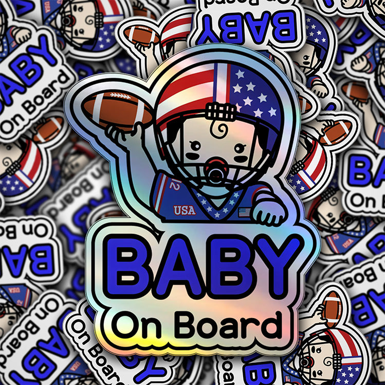 Baby on Board Car Sticker - Baby Boy Football Player Character Design  - Holographic & Weather-Resistant