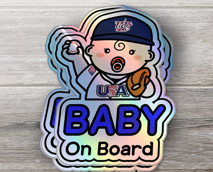 Baby on Board Car Sticker - Baby Boy Baseball Player Character Design  - Holographic & Weather-Resistant