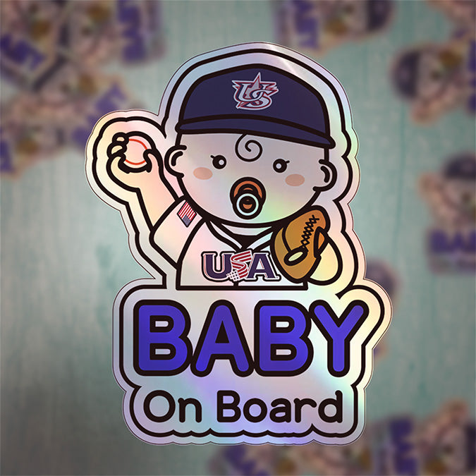 Baby on Board Car Sticker - Baby Boy Baseball Player Character Design  - Holographic & Weather-Resistant