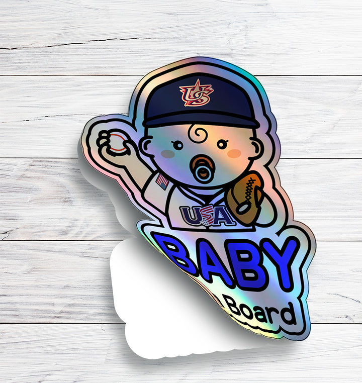 Baby on Board Car Sticker - Baby Boy Baseball Player Character Design  - Holographic & Weather-Resistant