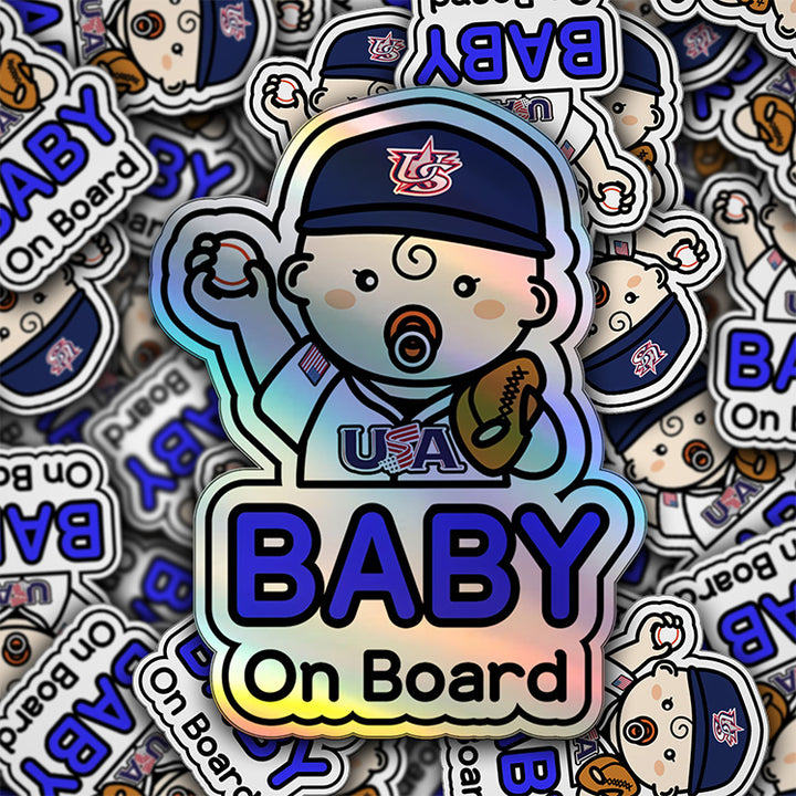 Baby on Board Car Sticker - Baby Boy Baseball Player Character Design  - Holographic & Weather-Resistant