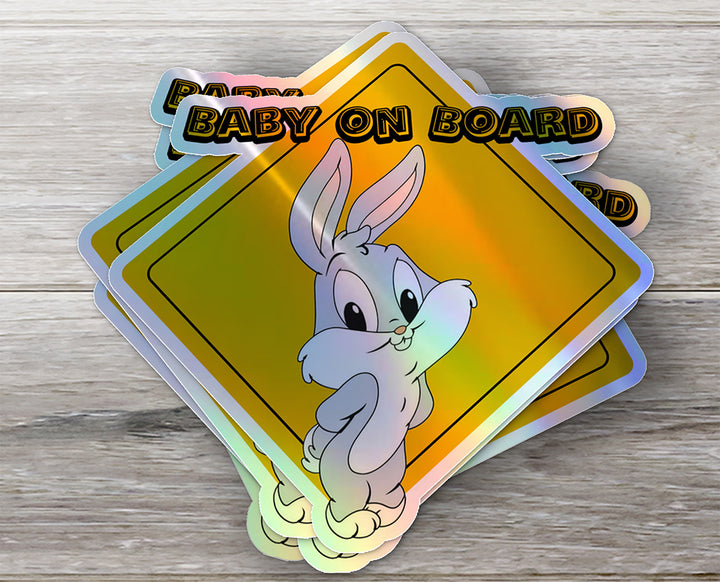 Baby on Board Car Window Sticker -Looney Tunes "Bugs Bunny"-Waterproof & Holographic - Eye-catching Yellow Diamond Shape