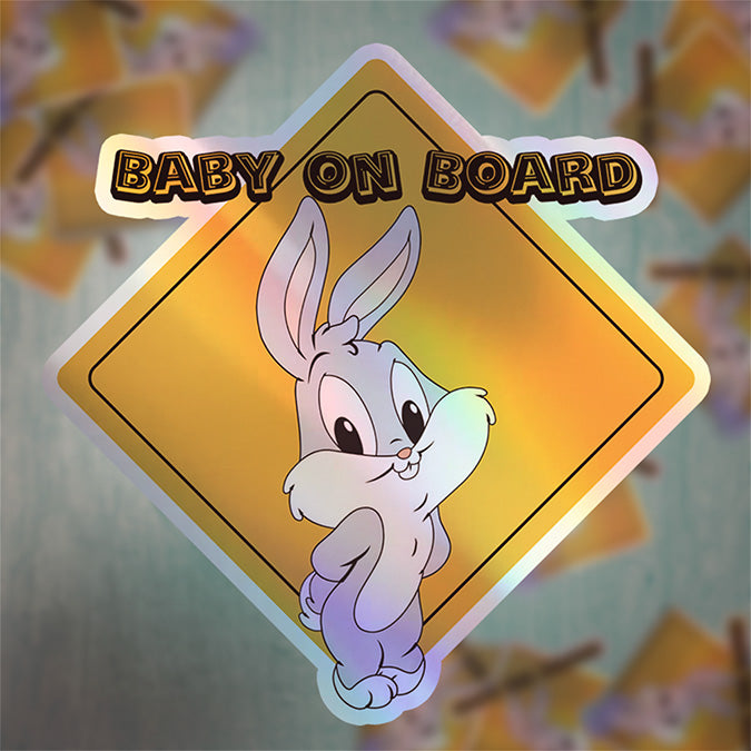 Baby on Board Car Window Sticker -Looney Tunes "Bugs Bunny"-Waterproof & Holographic - Eye-catching Yellow Diamond Shape