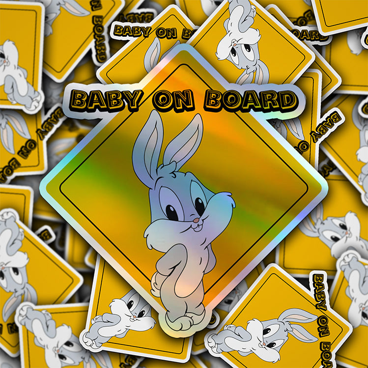 Baby on Board Car Window Sticker -Looney Tunes "Bugs Bunny"-Waterproof & Holographic - Eye-catching Yellow Diamond Shape