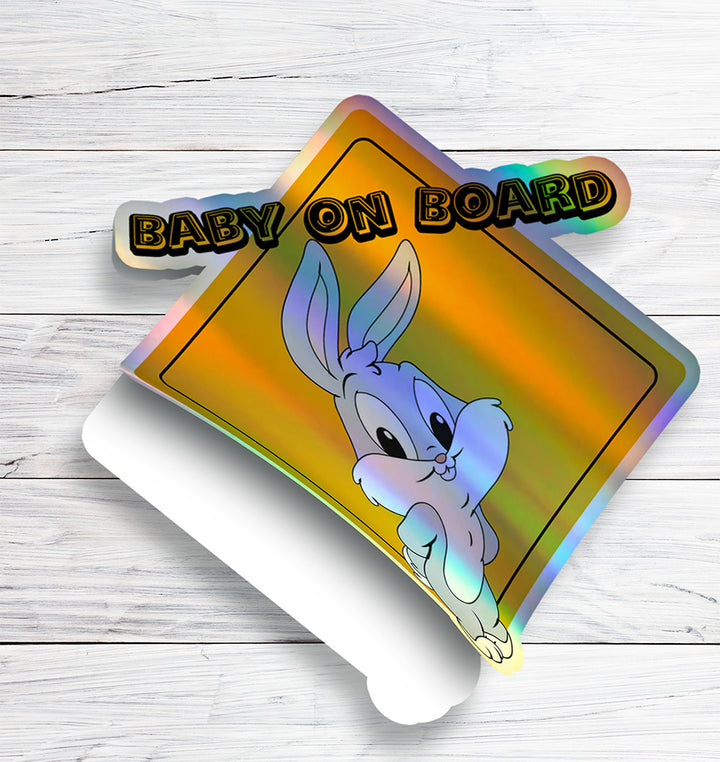 Baby on Board Car Window Sticker -Looney Tunes "Bugs Bunny"-Waterproof & Holographic - Eye-catching Yellow Diamond Shape