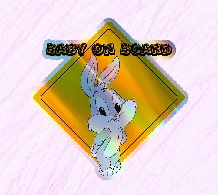 Baby on Board Car Window Sticker -Looney Tunes "Bugs Bunny"-Waterproof & Holographic - Eye-catching Yellow Diamond Shape