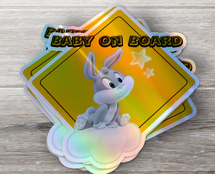 Baby on Board Car Window Sticker -Looney Tunes "Baby Bugs Bunny"-Waterproof & Holographic - Eye-catching Yellow Diamond Shape