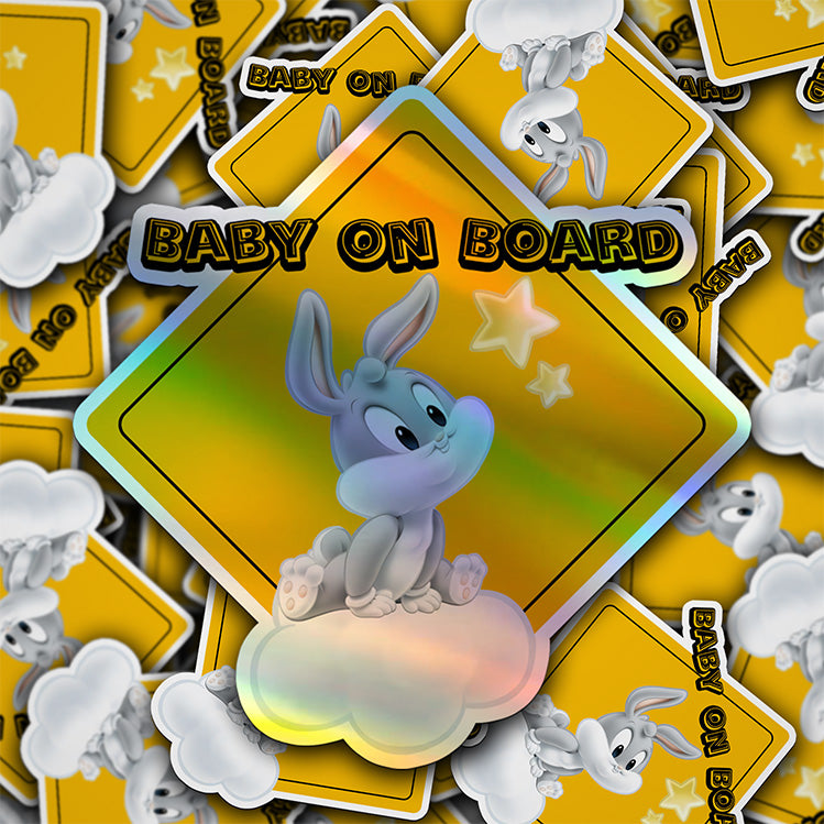 Baby on Board Car Window Sticker -Looney Tunes "Baby Bugs Bunny"-Waterproof & Holographic - Eye-catching Yellow Diamond Shape