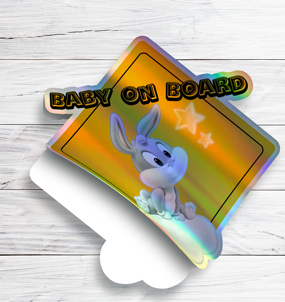 Baby on Board Car Window Sticker -Looney Tunes "Baby Bugs Bunny"-Waterproof & Holographic - Eye-catching Yellow Diamond Shape