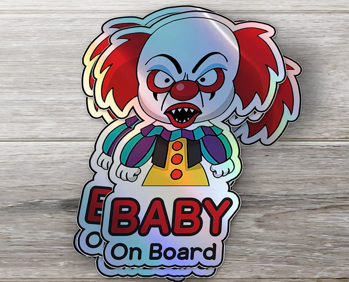 Holographic Baby On Board Creepy Clown Sticker | Cute Horror Movie Inspired Car Decal | Halloween Baby Safety Sticker | Funny Car Decor