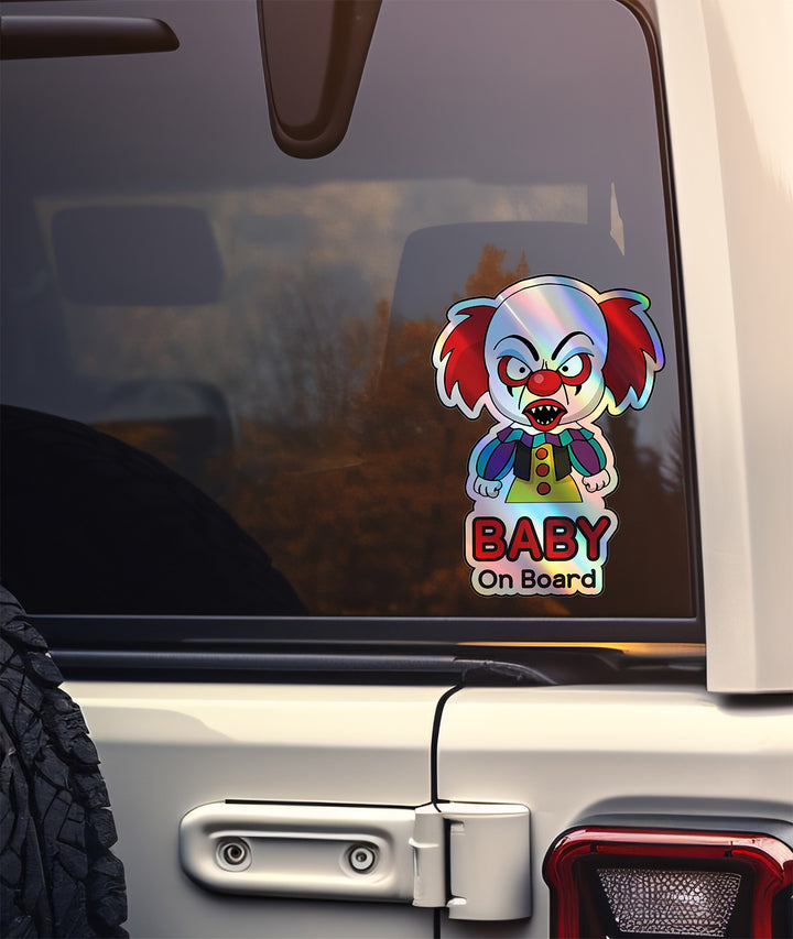 Holographic Baby On Board Creepy Clown Sticker | Cute Horror Movie Inspired Car Decal | Halloween Baby Safety Sticker | Funny Car Decor