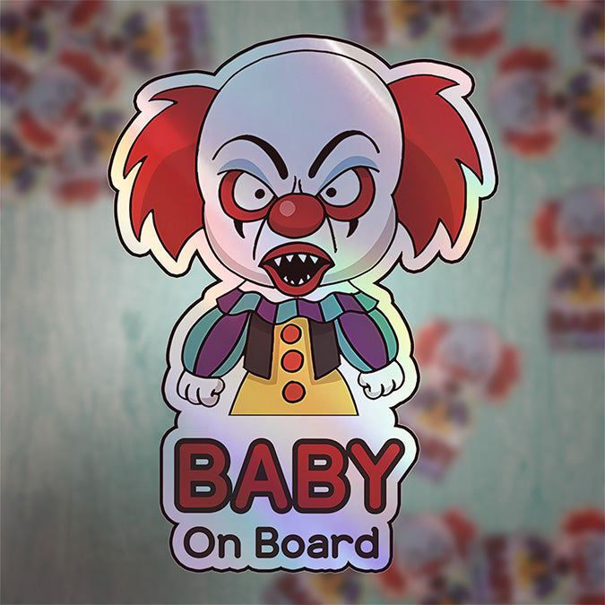 Holographic Baby On Board Creepy Clown Sticker | Cute Horror Movie Inspired Car Decal | Halloween Baby Safety Sticker | Funny Car Decor