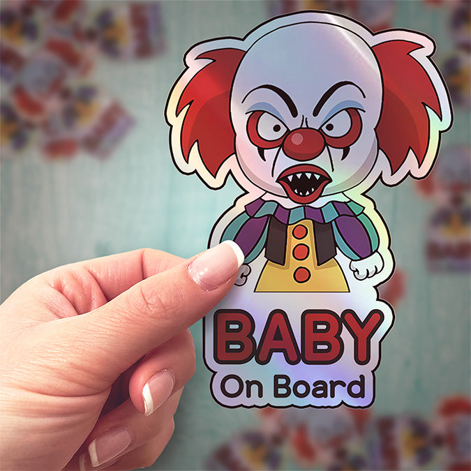 Holographic Baby On Board Creepy Clown Sticker | Cute Horror Movie Inspired Car Decal | Halloween Baby Safety Sticker | Funny Car Decor