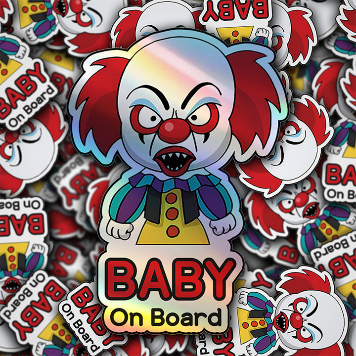 Holographic Baby On Board Creepy Clown Sticker | Cute Horror Movie Inspired Car Decal | Halloween Baby Safety Sticker | Funny Car Decor