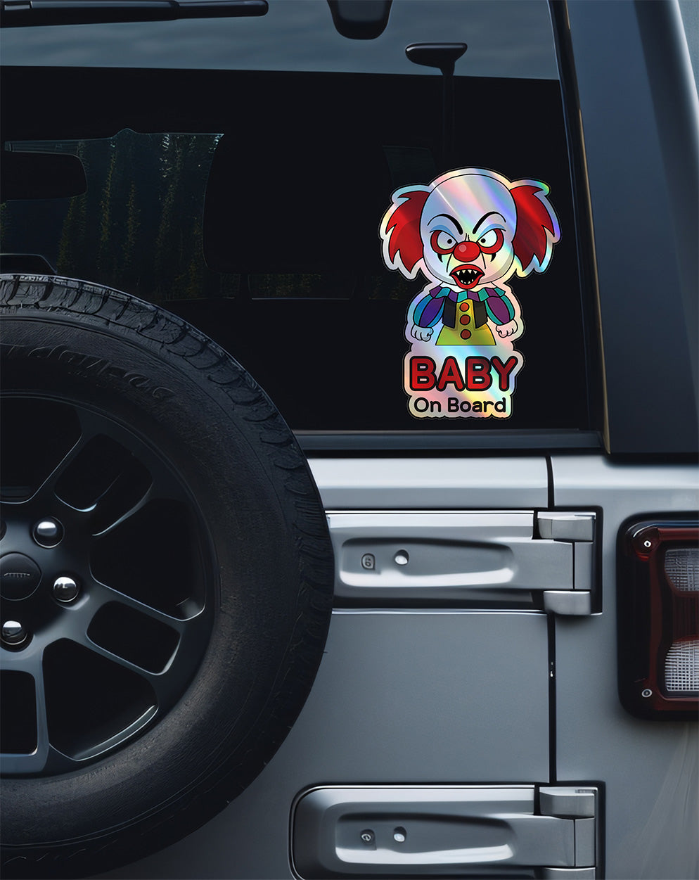 Holographic Baby On Board Creepy Clown Sticker | Cute Horror Movie Inspired Car Decal | Halloween Baby Safety Sticker | Funny Car Decor