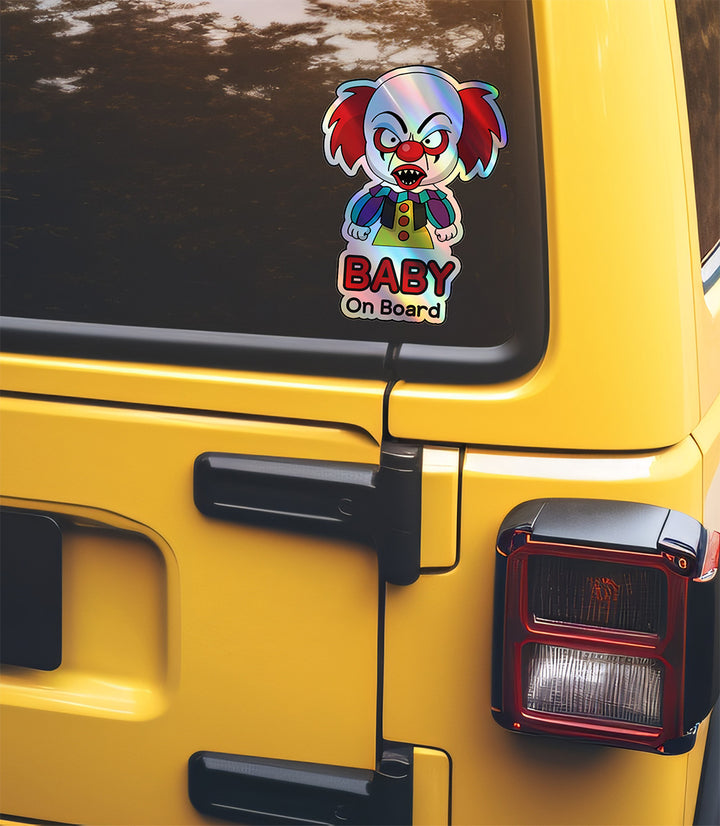 Holographic Baby On Board Creepy Clown Sticker | Cute Horror Movie Inspired Car Decal | Halloween Baby Safety Sticker | Funny Car Decor