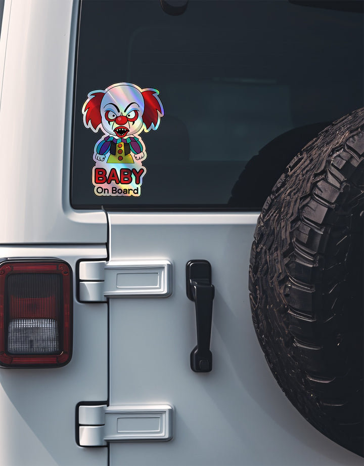 Holographic Baby On Board Creepy Clown Sticker | Cute Horror Movie Inspired Car Decal | Halloween Baby Safety Sticker | Funny Car Decor