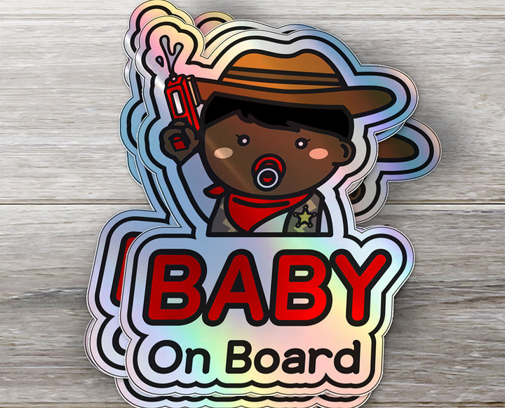 Baby on Board Car Sticker - Baby Cowboy Character Design  - Holographic & Weather-Resistant