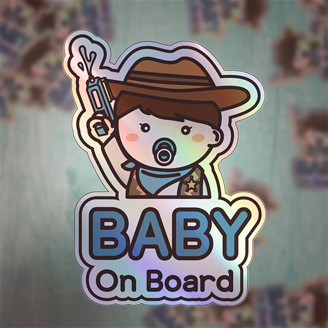 Baby on Board Car Sticker - Baby Cowboy Character Design  - Holographic & Weather-Resistant