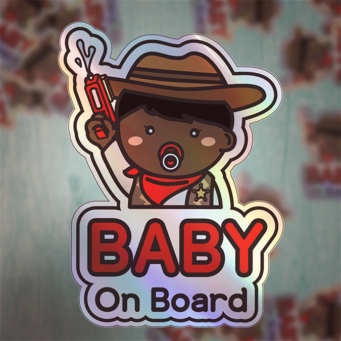 Baby on Board Car Sticker - Baby Cowboy Character Design  - Holographic & Weather-Resistant