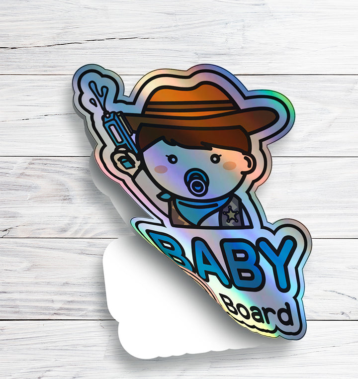 Baby on Board Car Sticker - Baby Cowboy Character Design  - Holographic & Weather-Resistant