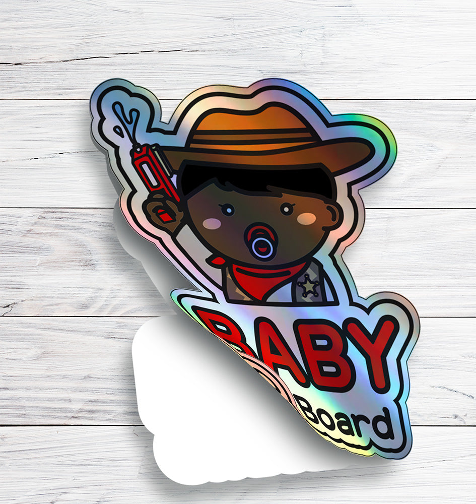 Baby on Board Car Sticker - Baby Cowboy Character Design  - Holographic & Weather-Resistant