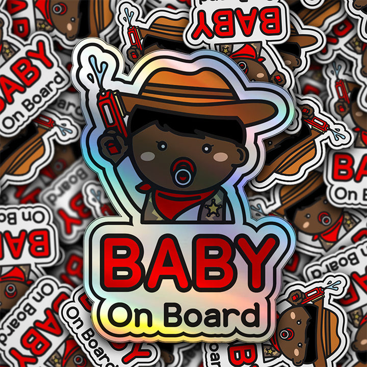 Baby on Board Car Sticker - Baby Cowboy Character Design  - Holographic & Weather-Resistant